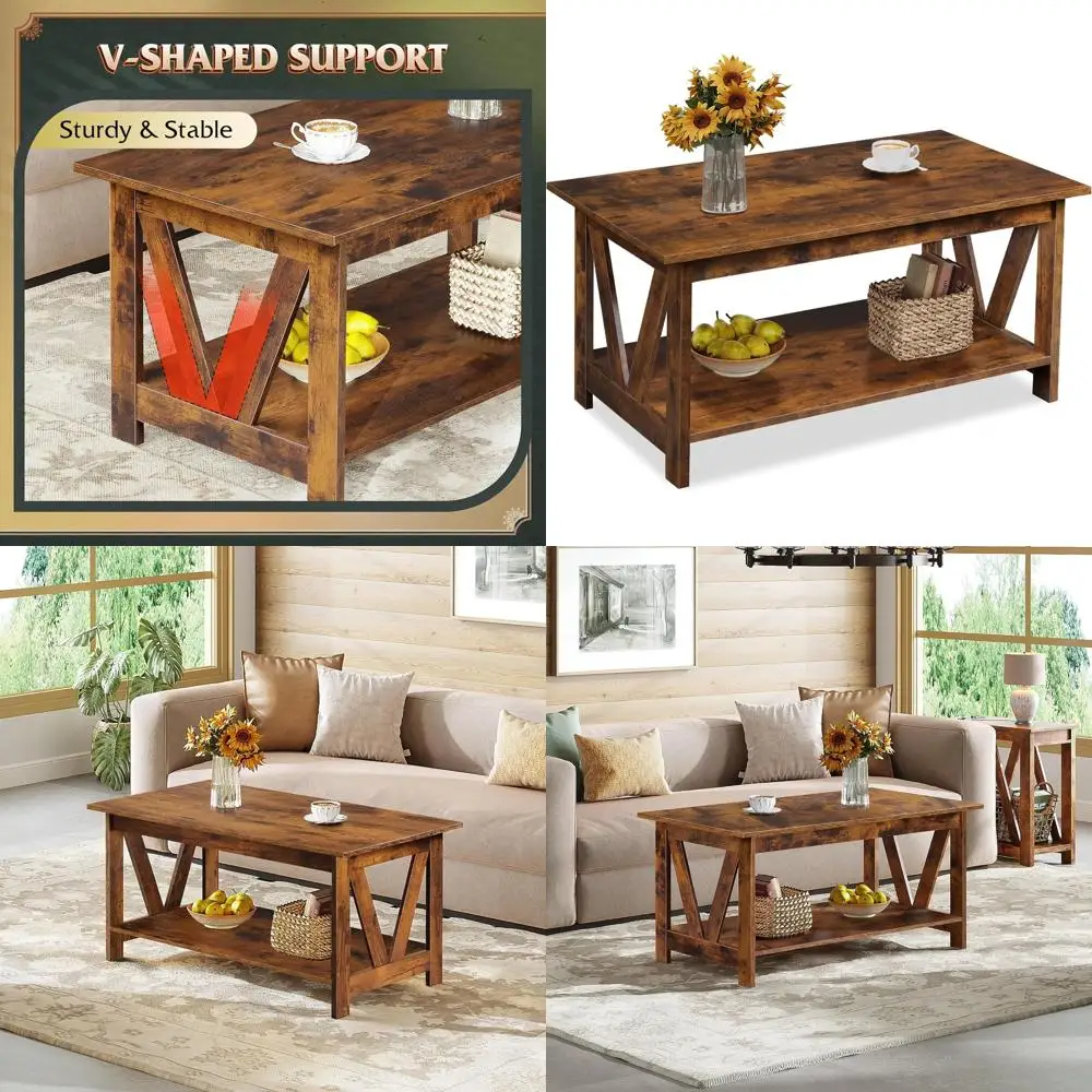 

Rustic 2-Tier Farmhouse Coffee Table with Storage, 39.4 V-Frame Design for Living Spaces