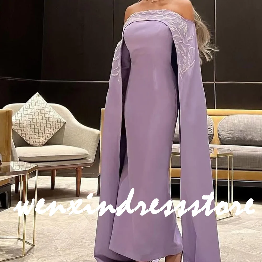 Customized Fashion Crystal Satin Purple Off the Shoulder Evening Dress Delicate Strapless Straight Long Sleeves Celebrity Gowns