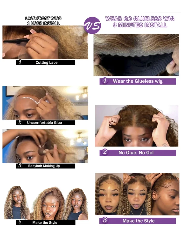 Perruque Lace Closure Wig Deep Wave naturelle ombrée, cheveux bouclés, pre-plucked, naissance des cheveux, sans colle, pre-plucked, balayage, prêt à porter, 13x6, 4/27