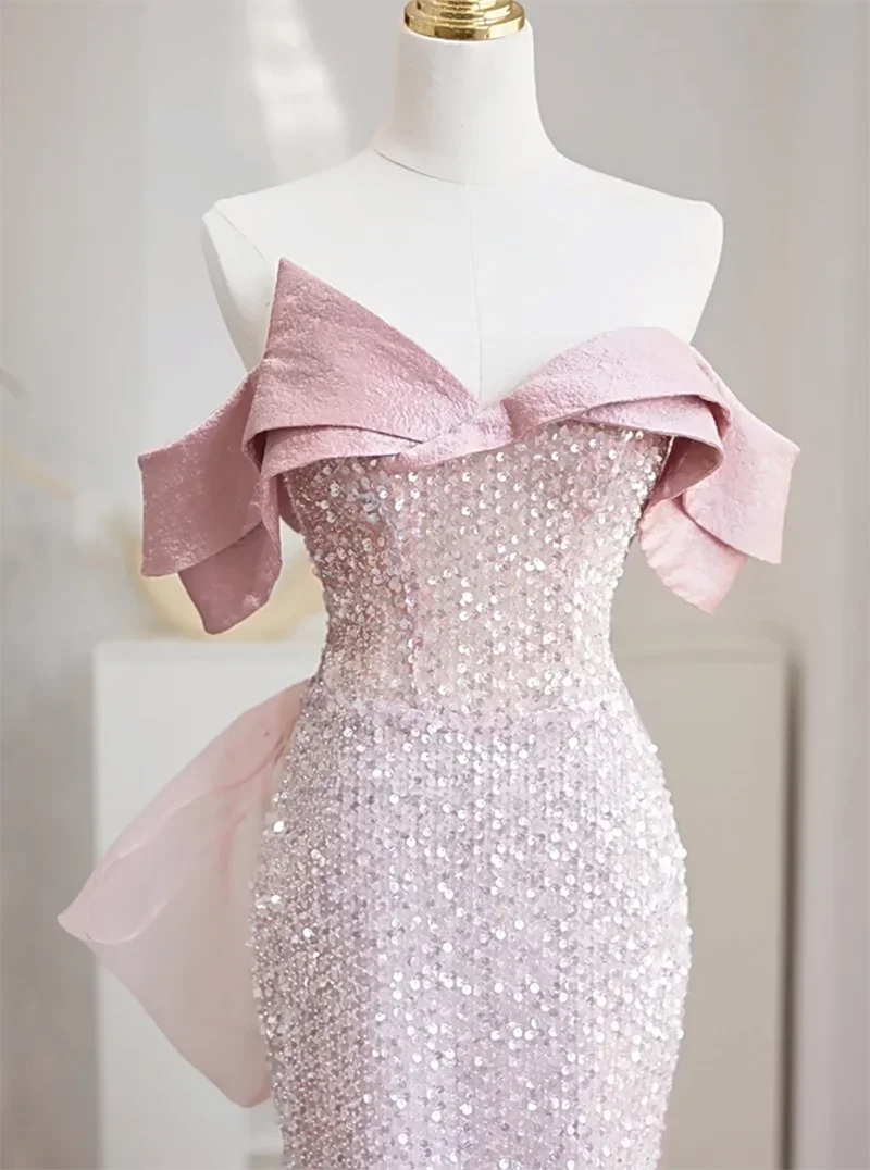 Customized Sweet Pink Mermaid Evening Dress Sexy Slim Sequins Beading Glittering Fishtail Party Formal Gowns Vestidos De Fiesta