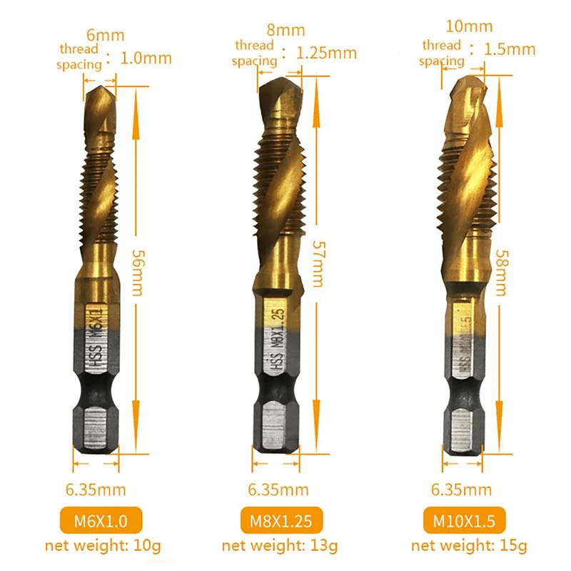 Máquina de parafuso banhada a titânio, Hex Shank, Rosca HSS, Torneira métrica, Brocas, Composto, M3, M4, M5, M6, M8, M10, Ferramentas manuais, Venda