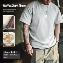 Maden Retro Knit Waffle Short Sleeve T-shirts for Men's Summer Round Neck Loose Fit Casual Tee Basic Solid Color Classic Tops