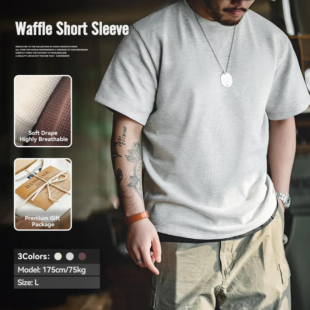 Maden Retro Knit Waffle Short Sleeve T-shirts for Men's Summer Round Neck Loose Fit Casual Tee Basic Solid Color Classic Tops