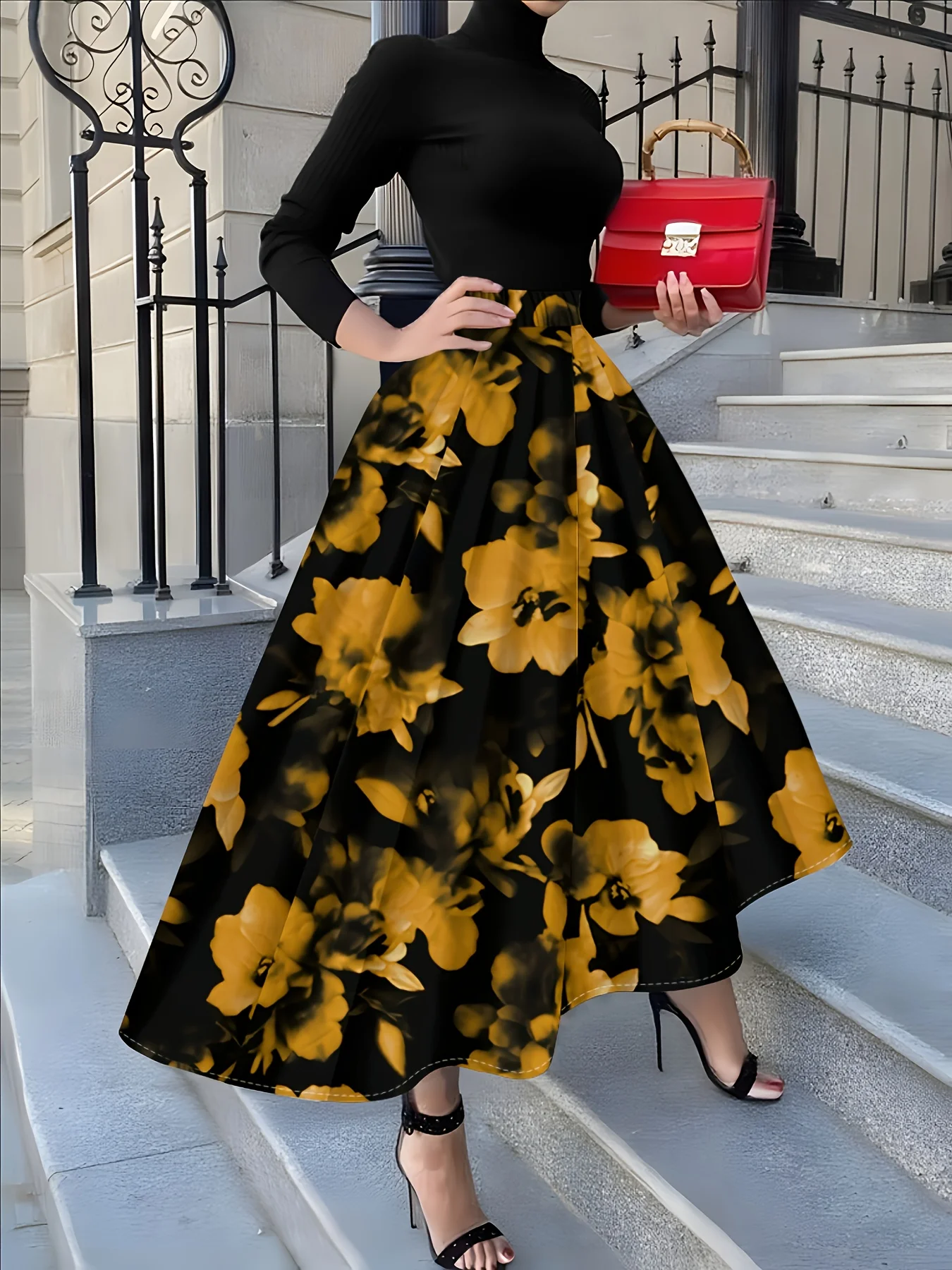 

Юбка-карандаш с цветочным принтом в черно-желтых тонах, повседневный стиль, дизайн для любого сезона.