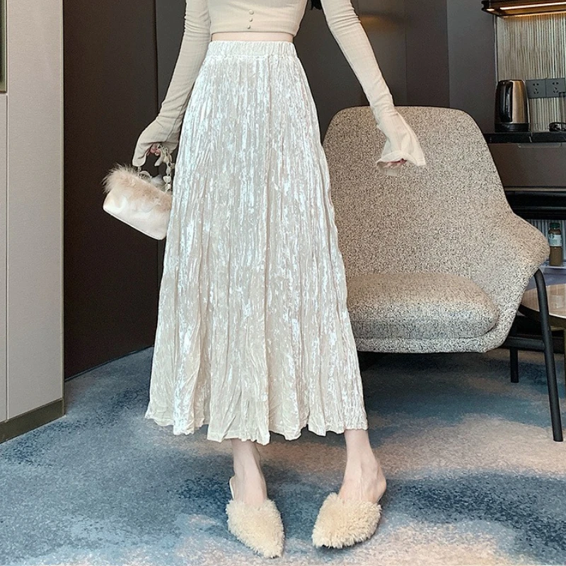 

Spring Fall Women High Waisted Beige Khaki Black Folds A Line Velvet Skirt , Woman Fashion Korean Middle Length Velour Skirts
