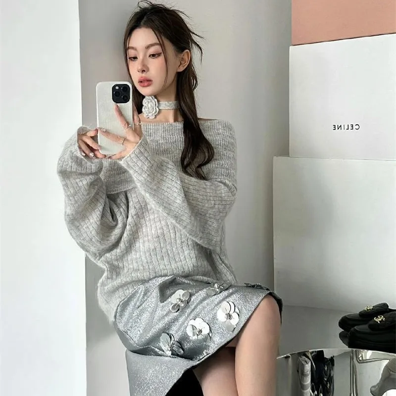 Pullover lavorati a maglia donna Slash Neck Off spalla autunno Solid coreano Trendy Pullover top Sweet Hot Girls Office Lady Streetwear