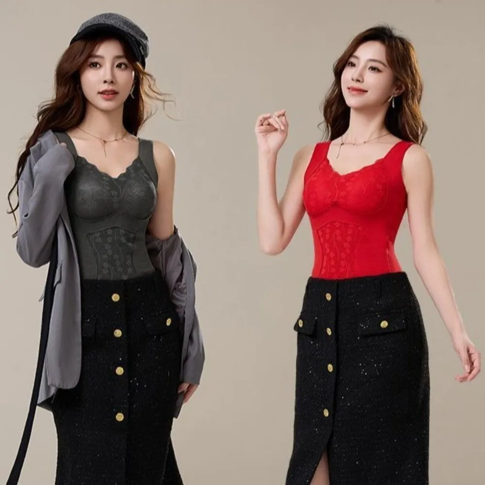 

Lace Thermal Shapewear Camisole Slimming with Padded Cups Postpartum Body Shaper Sleeveless Velvet Fleece Winter Suspender Vest