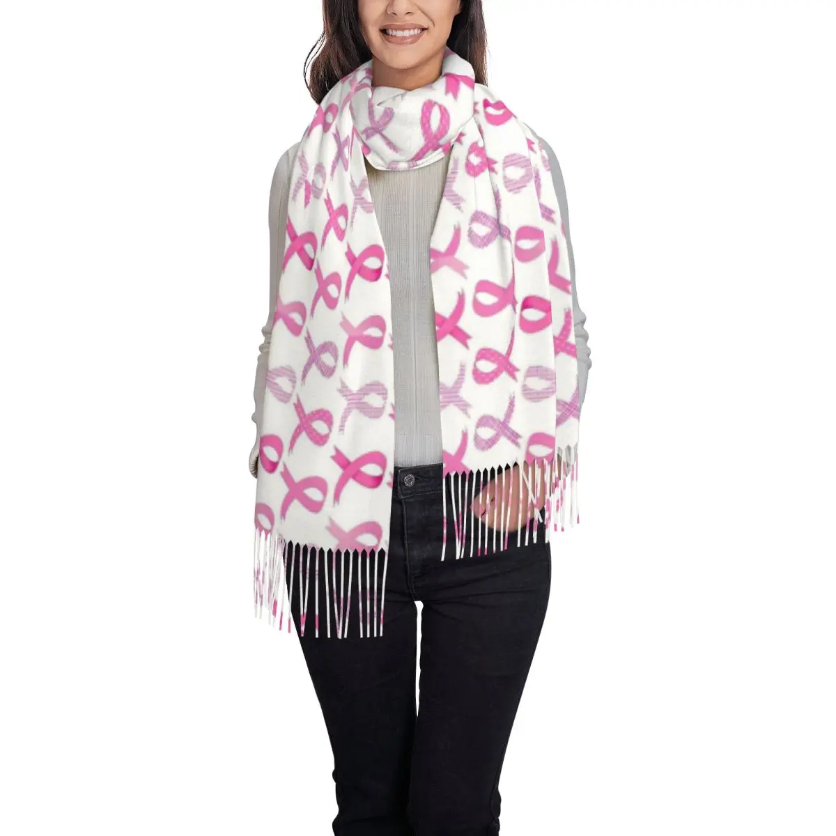Women's Tassel Scarf Pink Ribbon Long Super Soft Shawl Wrap Breast Cancer Awareness Gifts Cashmere Scarf