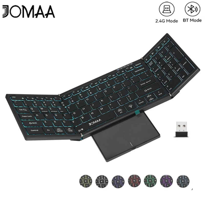 JOMAA Bluetooth+USB Folding Wireless Keyboard with Touchpad&Number Keypad Rechargeable RGB Backlit Folding Keyboard Full Size