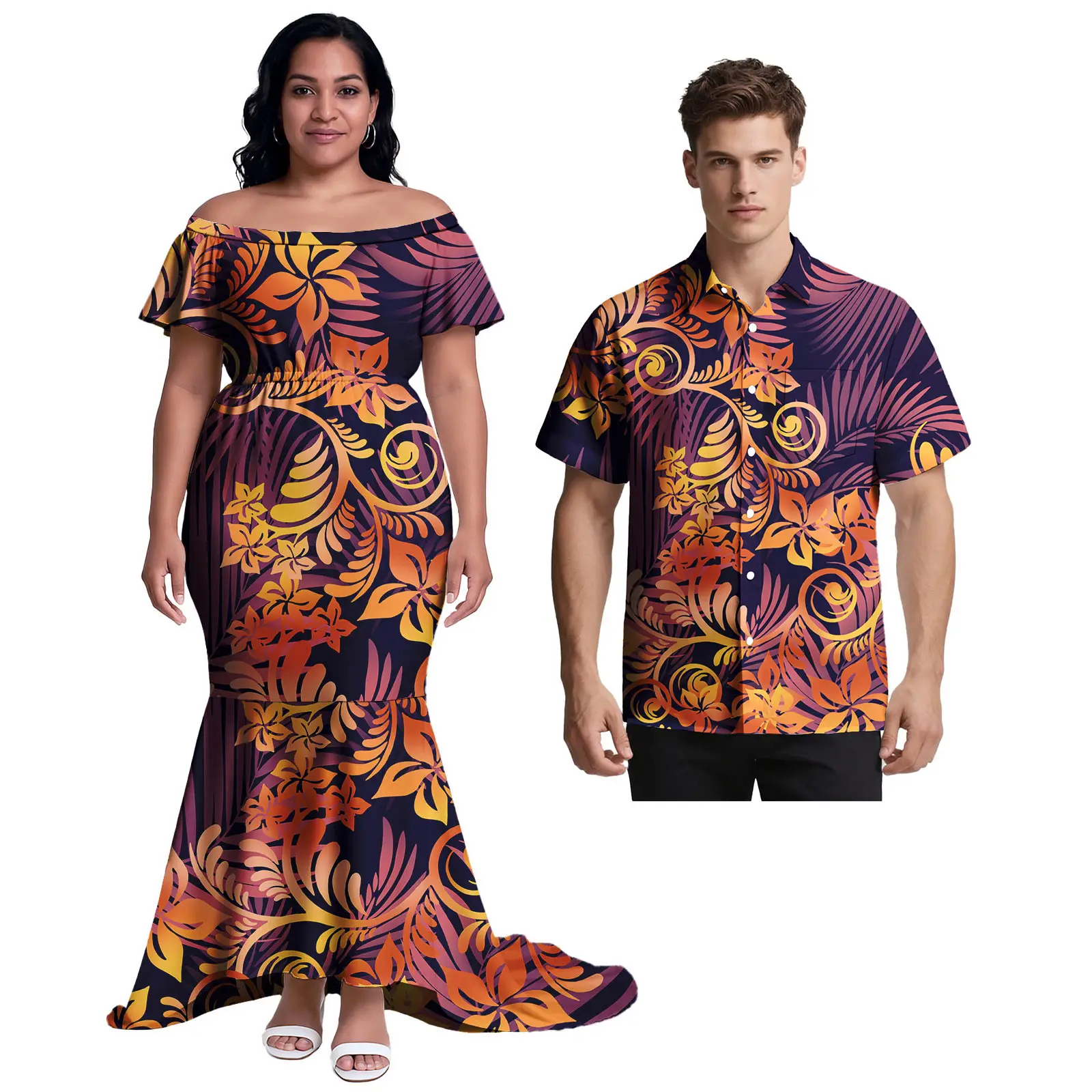 Monstera ليف الباردة الكتف النساء فستان الرجال ألوها تي شيرت هاواي ملابس مخصصة ساموا بولينيزيا زوجين عادية 2 الأسعار مجموعات #1