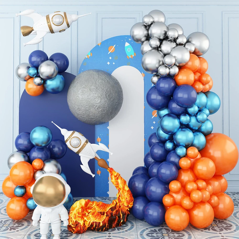 106Pcs Navy Blue Orange Metallic Silver Blue Latex Space Balloon Garland Arch Kit for Birthday Party Decoration