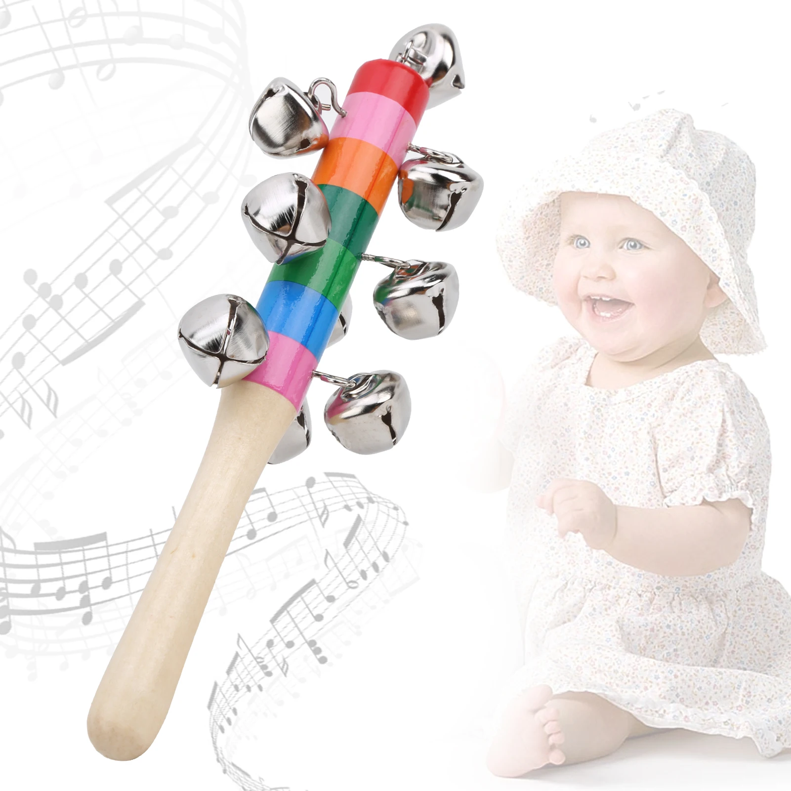 ZK30 5 Stück Griff Holzglocken Buntes Schlaginstrument Säuglingsbabyrasselspielzeug mit 10 Stück kleinem Bel