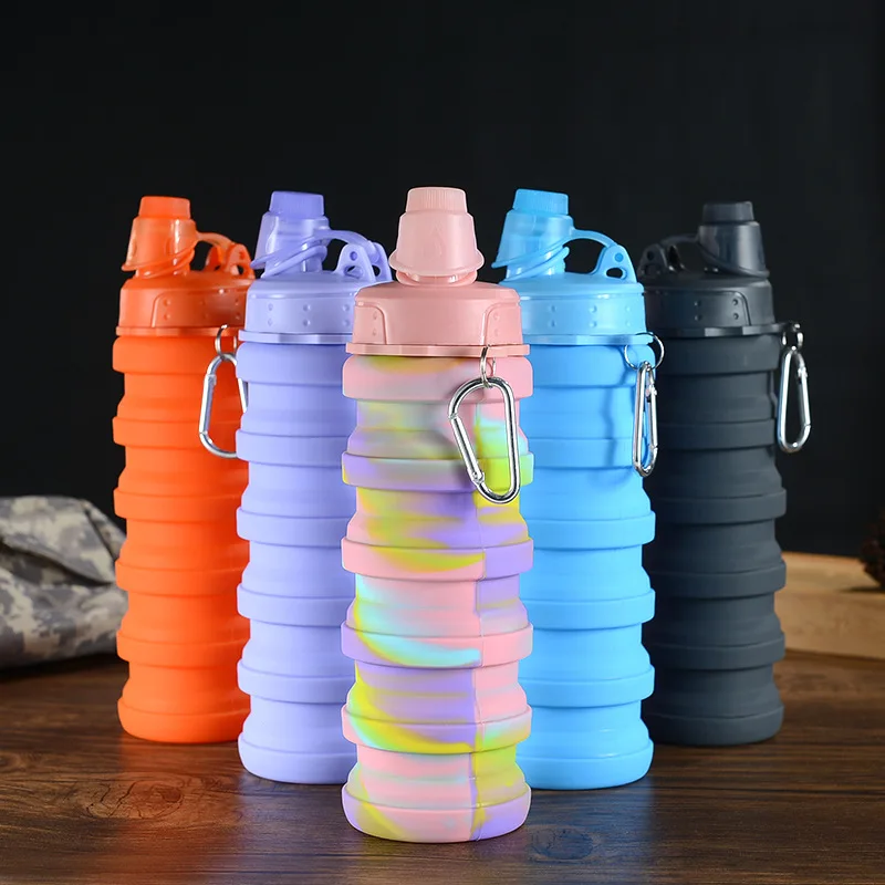 High Quality Slicone Water Bottle With Hook Portable Sports Water Bottle Drinking Cup Creative Foldable Bottle For Gym Cycling