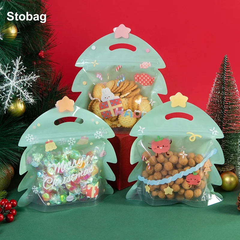 

StoBag 50pcs Merry Christmas Candy Packaging Bags Gift Ziplock for Cookies Snacks Kids Child Cute Reusable Pouches Party Favors