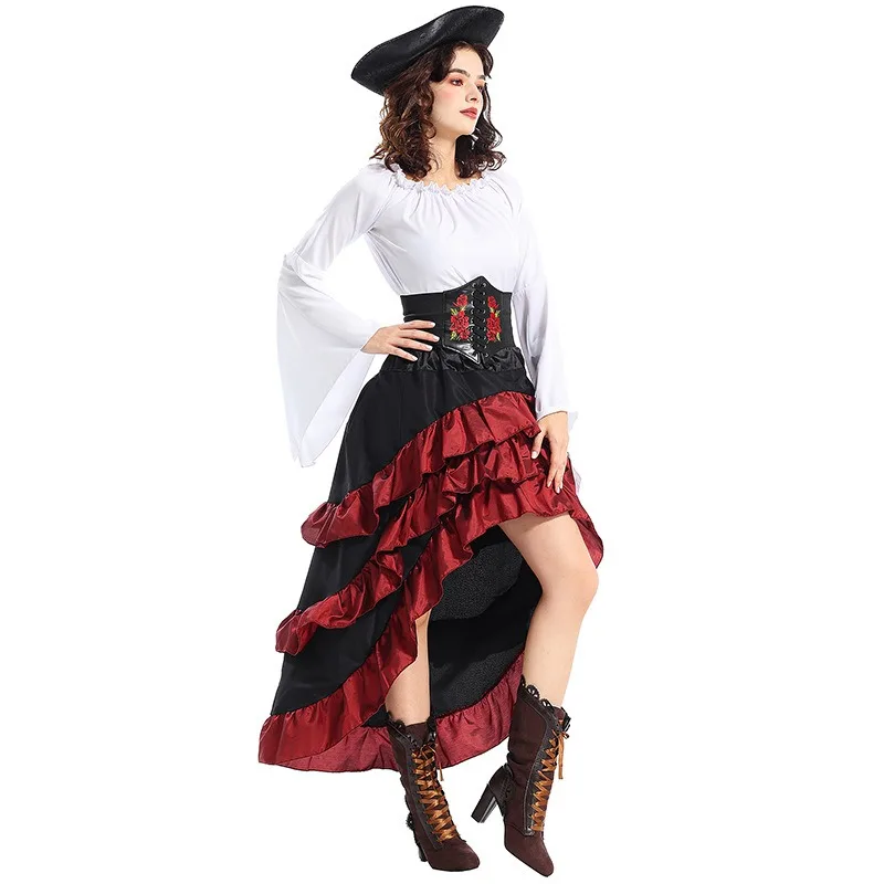 Women's Pirate  Dress Velvet Trim High Low Skirt Historical Costume for Halloween Cosplay