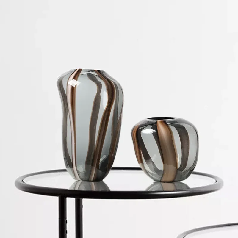 Brown Striped Pumpkin Shaped Glass Vase, Hydroponic Flower Arrangement, Glass Container, Living Room Decoration Ornament