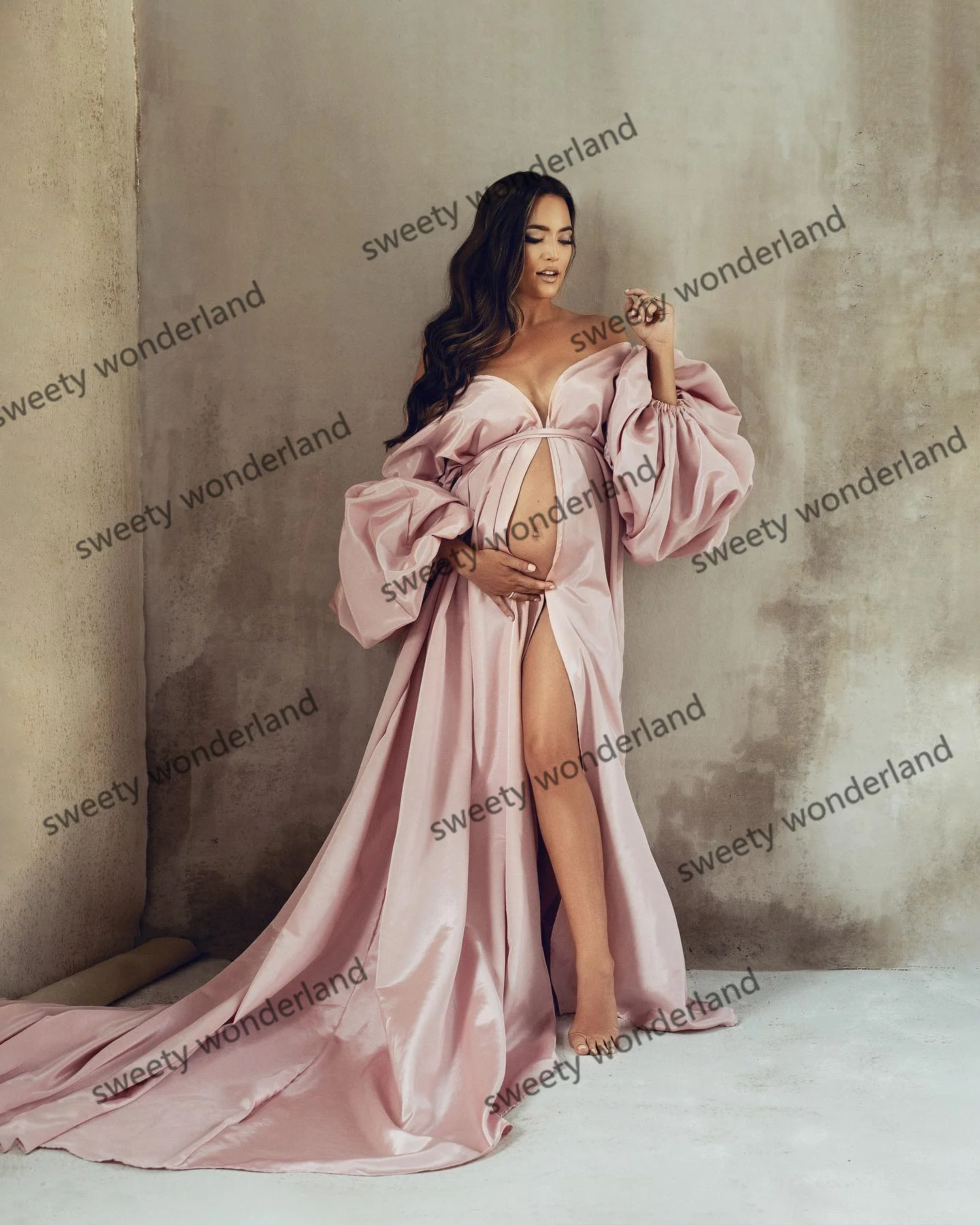 Pink Prom Dresses Puff Sleeves Satin Maxi Gown A Line Maternity Photoshoot Dress for Baby Shower Customise Party Robes