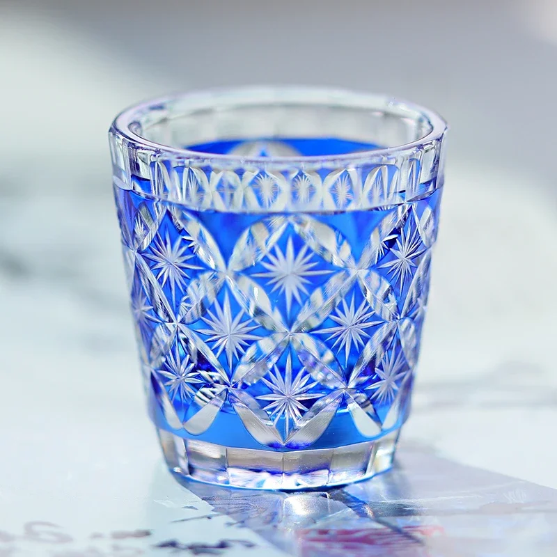 Japanese Edo Kiriko Blue Green Sky Blue Red Purple Glass 35ml Shot Glass with Exquisite Package