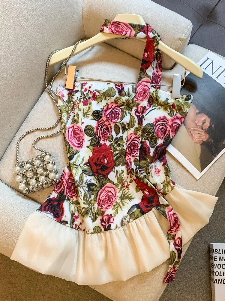 

Sensual Lady Style Floral Print Off-Shoulder Sleeveless Vest Women's Spring Summer Pure Desire Short Top with Sash Ruffle Hem
