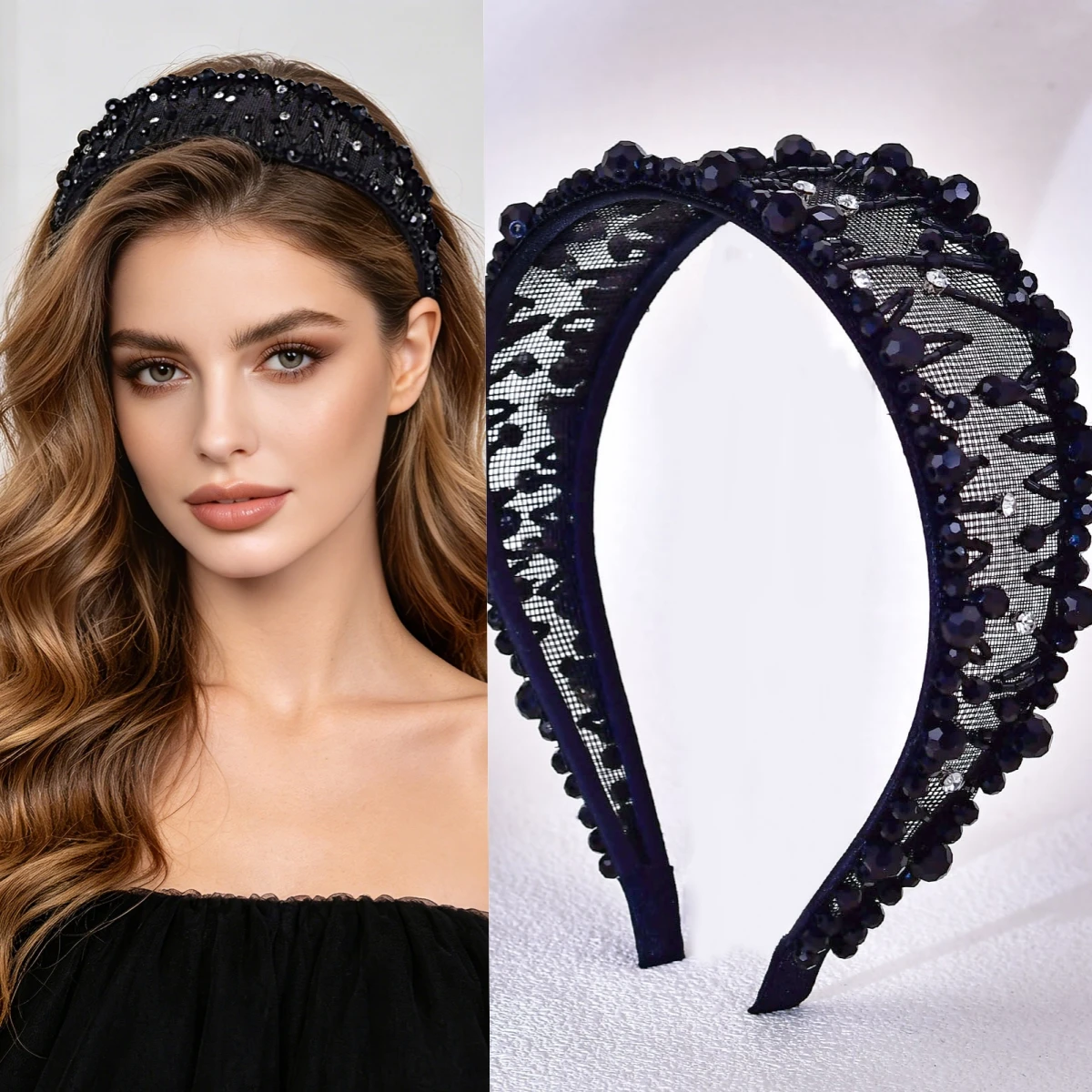 

New Crystal Headband, Vintage Handmade Tulle Wide Band Hair Hoop, Fashion Hair Accessory, Anniversary Gift for Wedding SA136