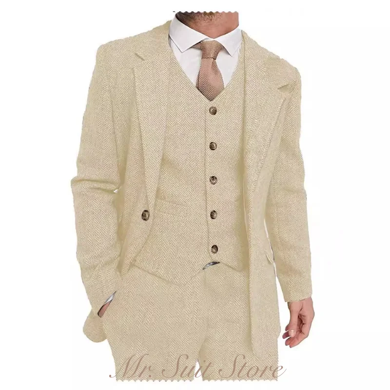 

Классический мужской костюм с узором «елочка», комплект из 3 предметов, однобортный свадебный комплект жениха, мужской банкетный костюм, пиджак