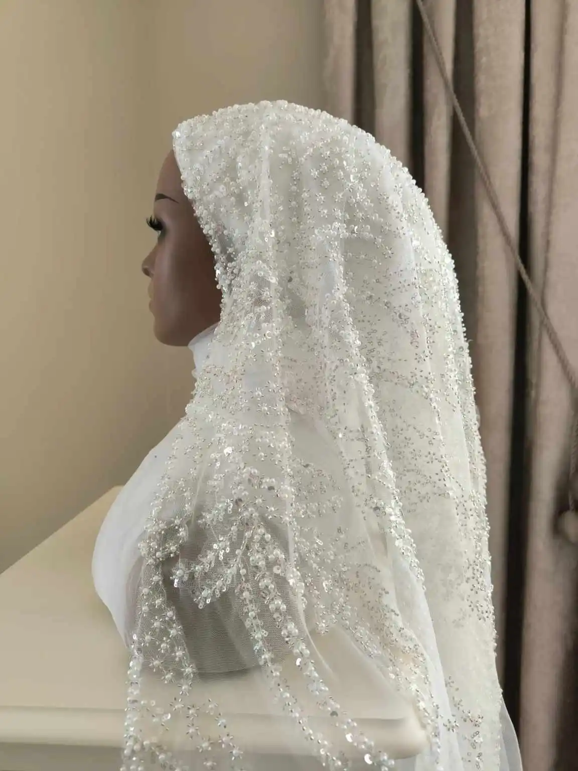 Delicate Bridal Two‑Tier Tulle Veil Dense Beaded Sequin Embellished Soft Long Headpiece For Modest Bridal Photoshoot Customized