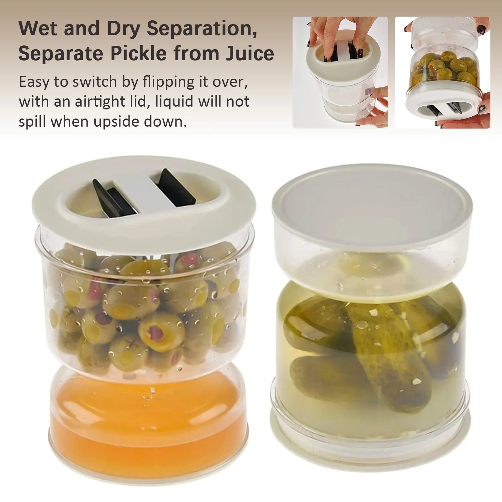 Pickle Olive Hourglass Jar Pickle Flip Jar Wet Oil Jar to Wet Dry Separator Food Container with Strainer Flip Airtight Lid