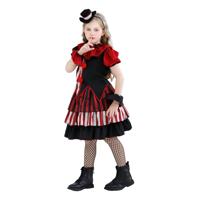 Halloween Cosplay Costume Funny Circus Clown Short sleeved Printed Dress Carnival Theme Party Role Playing Outfits for Girls