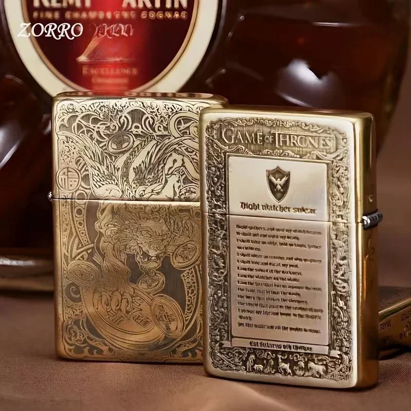 ZORRO Brass Ultra Thin Double Sided Carved Windproof Kerosine Lighter Vintage Grinding Wheel Ignition Unusual Lighters Smoking - view 3
