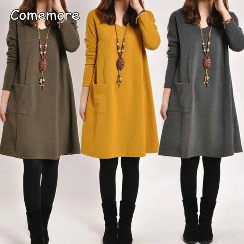 Comemore 2023 New Fashion Women Dress Spring Cotton Vintage Knee-Length Dress Female Long Sleeve O-Neck Dresses Womens Clothing