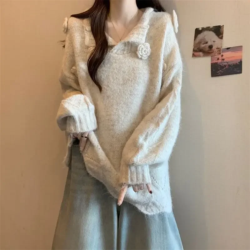 秋冬無地刺繍Vネック袖グレー3Dフラワーセーター大きいサイズレディースインナーウェアニットトップスおしゃれ