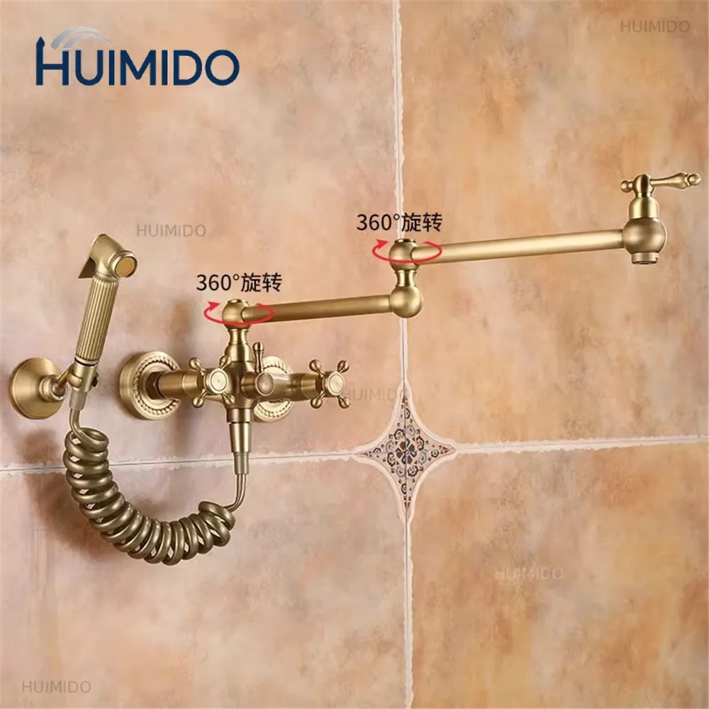 Foldable Kitchen Faucet  Antique Bronze Pot Filler Tap Hot and Cold Single Hole Sink Tap Rotate Folding Spout Brass view 6