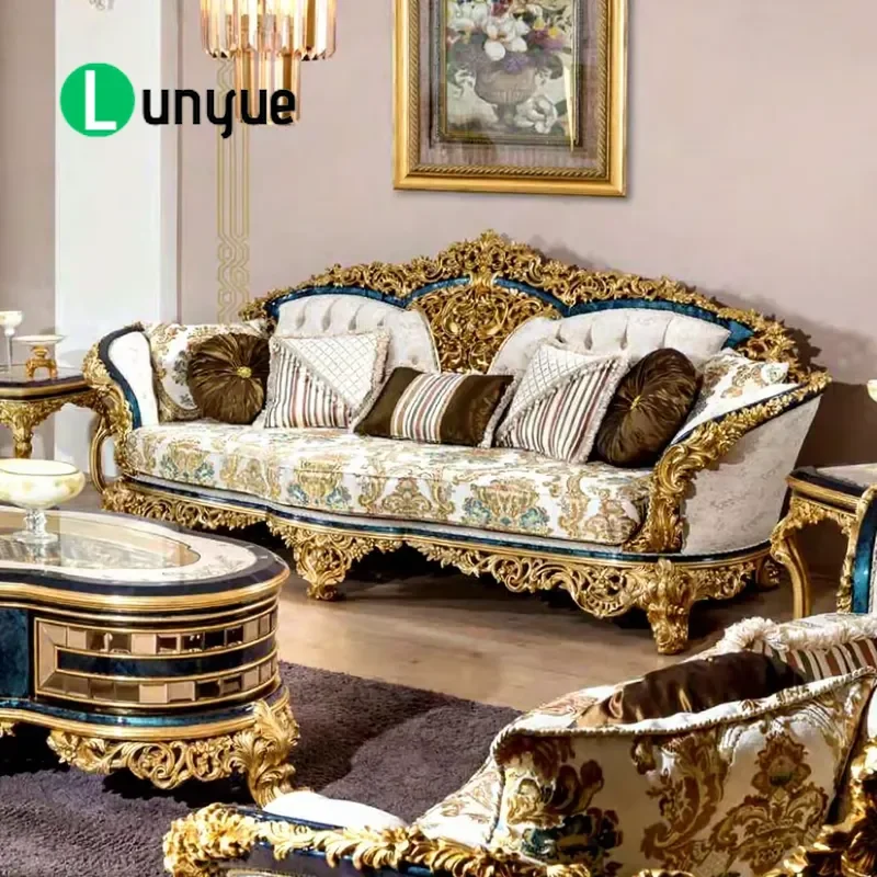 Luxury Turkish Royal Blue and Gold Sofa Set Hand Carved Living Room Furniture High Quality Home Decor Elegant Design