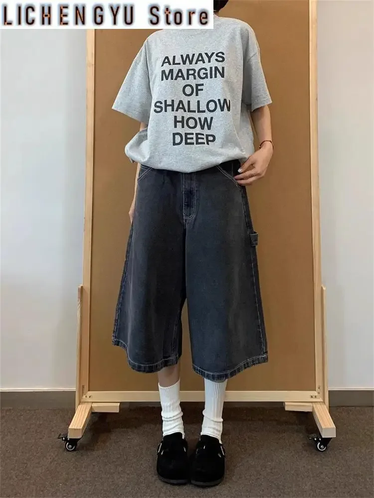 

Women's Large Retro Loose Wide Leg Denim Shorts Summer Young Girl Casual Bottom Female High Waisted Straight Calf-length Pants