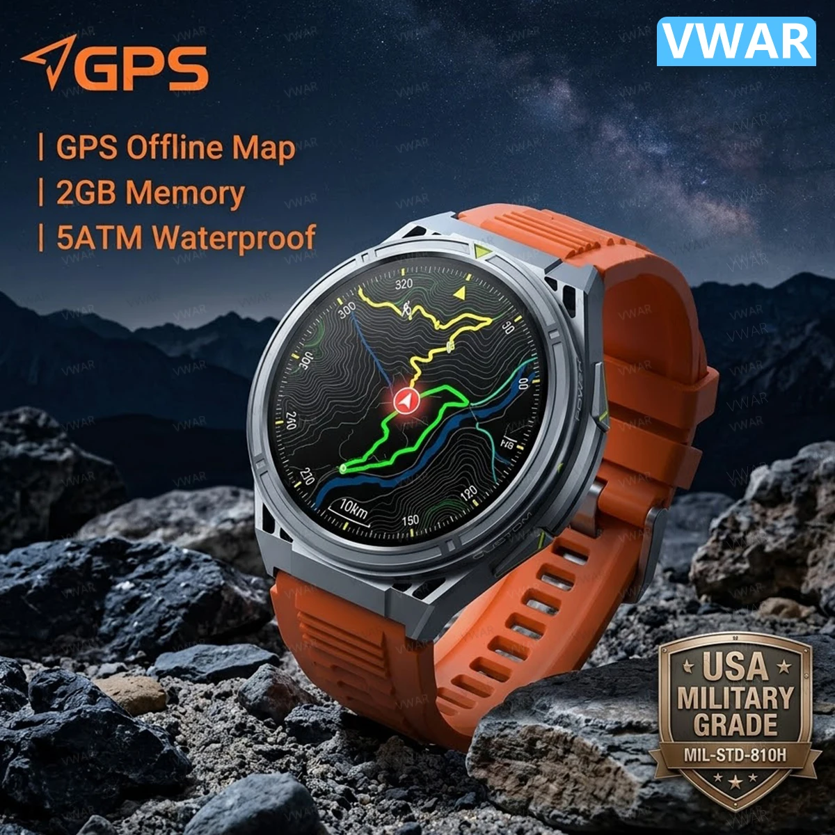 

VWAR GPS Offline Map Smartwatch 2GB Memory GPS Sports Smart Watch 1.43" AMOLED Display 5ATM Waterproof Barometer Altitude Watchs