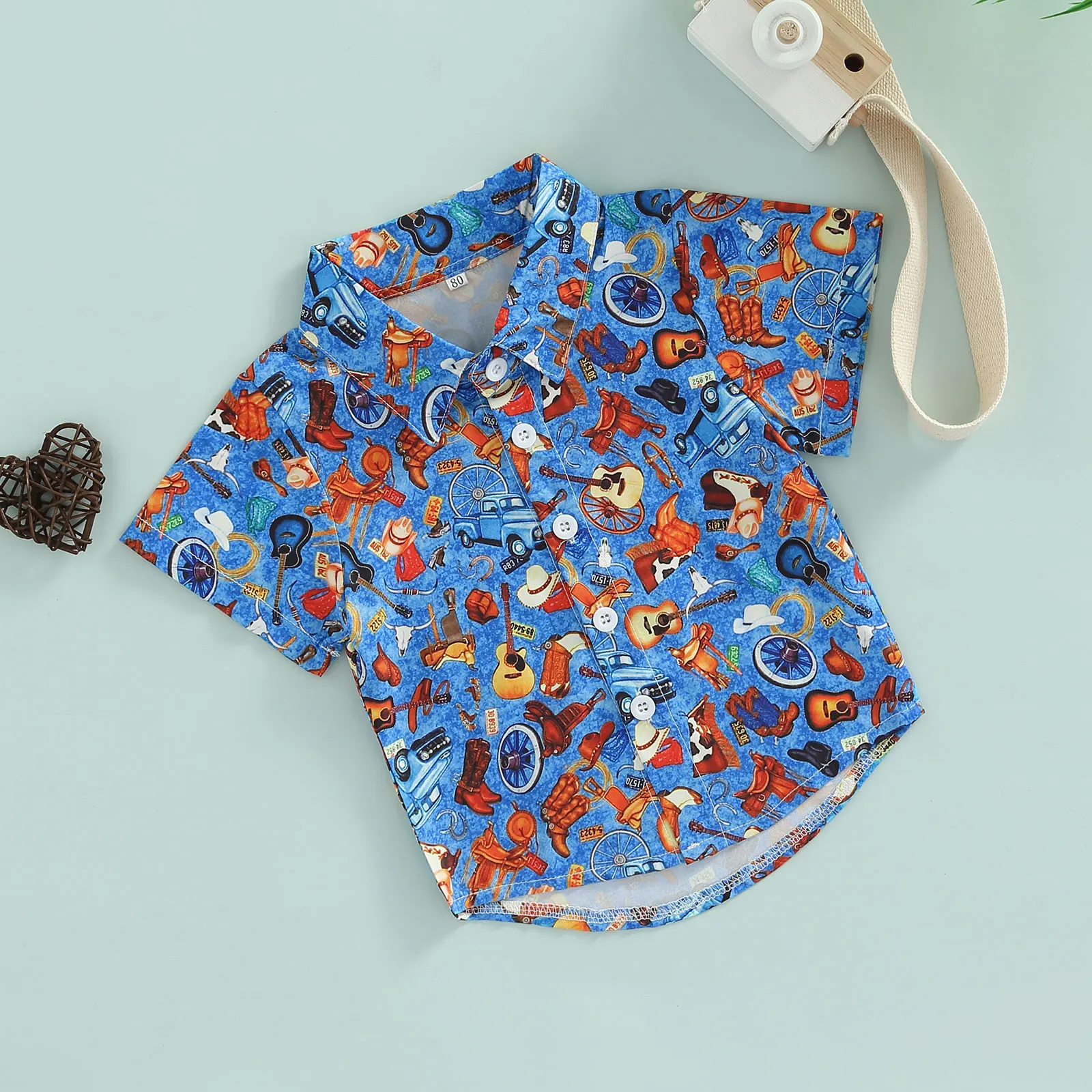 Infant Baby Boy Summer Shirt, Cartoon Pattern Printed Kid Lapel Neck Short Sleeve Tops Button Down Clothing for Children