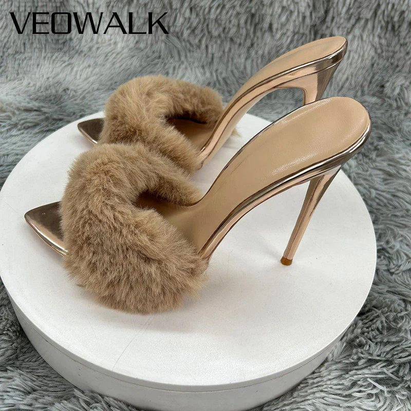 2026 Newly 12cm 10cm 8cm Gold Black Furry Flufft Woman Sexy Pointed Toe Slipper Ladies High Heel Sandal for Party Evening Events