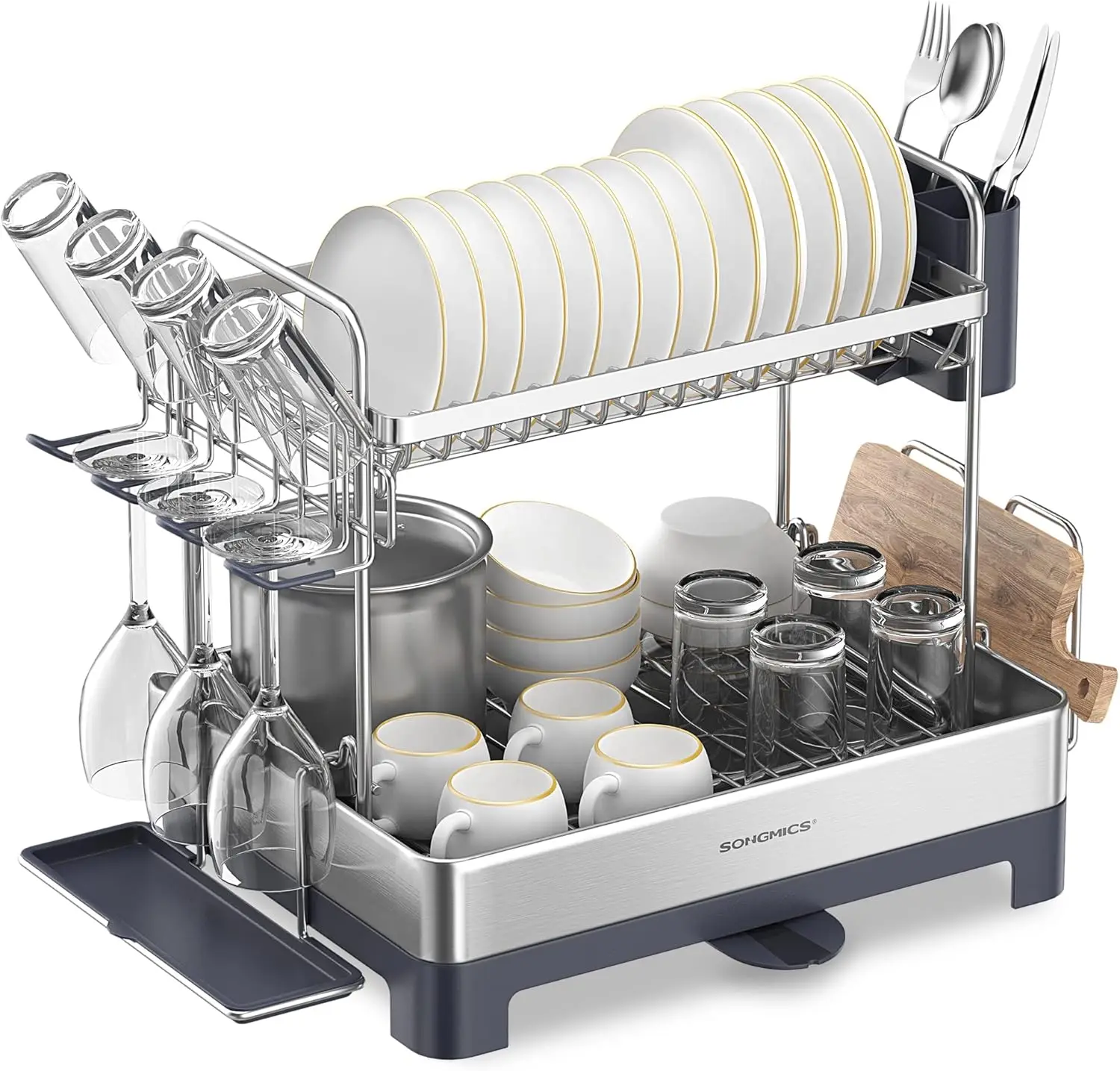 

Dish Drying Rack - 2 Tier Dish Rack for Kitchen Counter with Rotatable and Extendable Drain Spout, Dish Drainer with Utensil, Cu