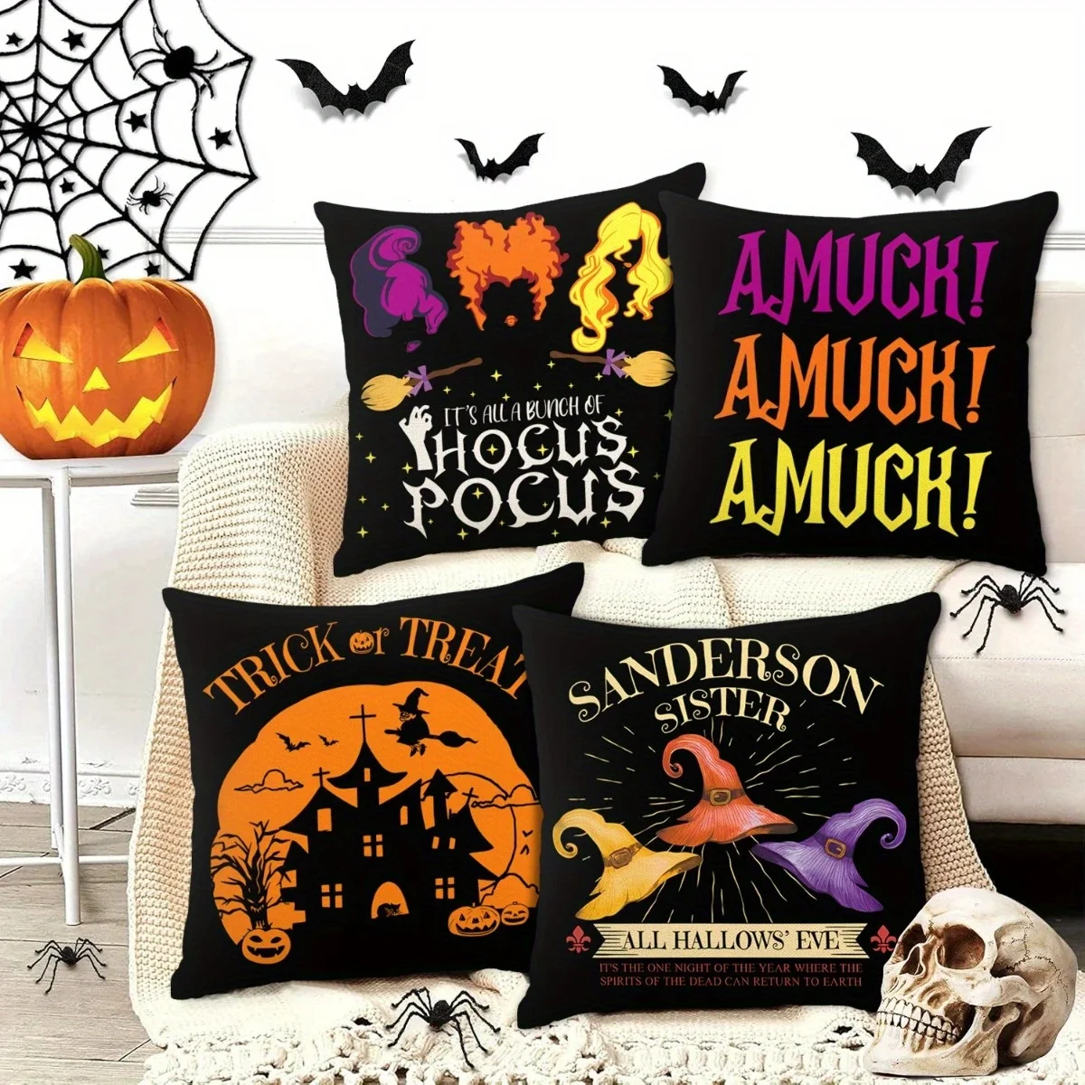 غطاء وسادة بنمط Hocus Pocus & Halloween لديكور المنزل مناسب لغطاء وسادة السيارة لغرفة النوم والأريكة
