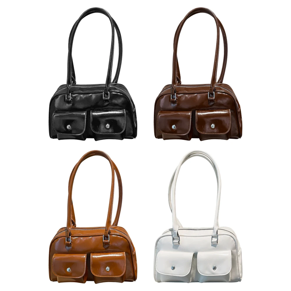 

New PU Leather Vintage Tote Bag​​ Solid Color ​Large Capacity Shoulder Bag Luxury Design Double Pocket Underarm Bag for Women