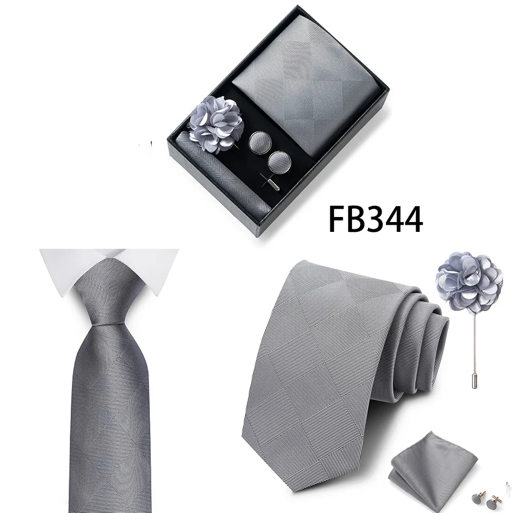 Neues Marken-Mode-Set: 8 cm Krawatte, Einstecktuch, Manschettenknöpfe und Brosche für Herren, Rot-Grau, Hochzeit, Geschenkbox, Passend für Partys – Detail 7