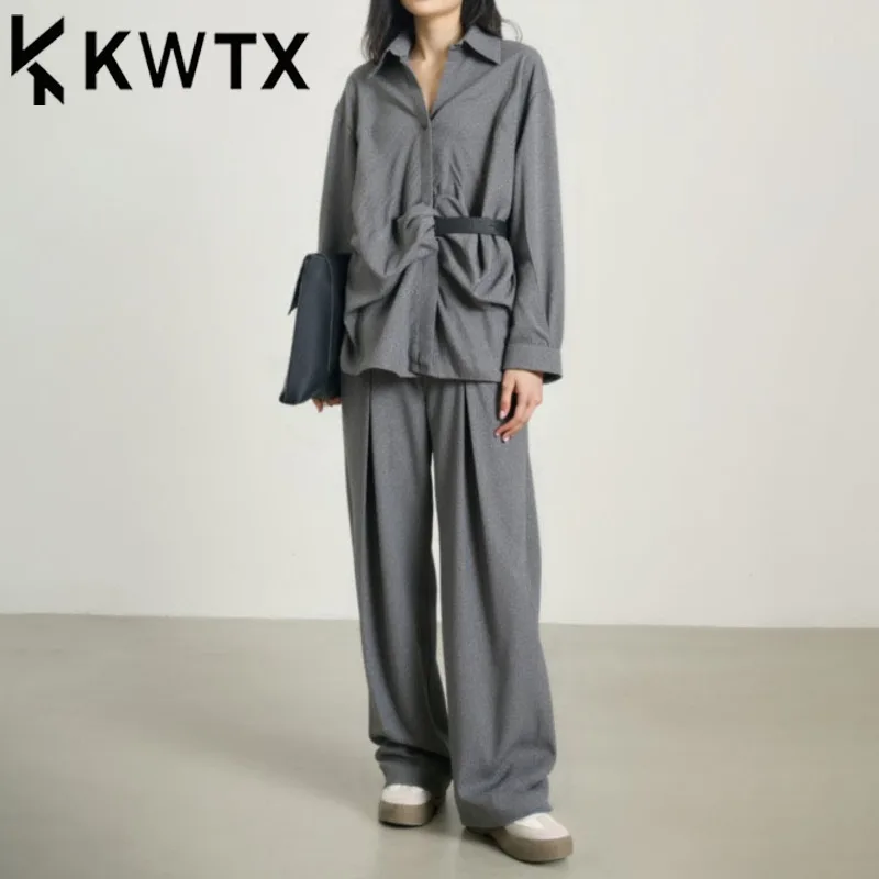 

KWTX 2025 Spring Summer Casual 2 Piece Set Tie Waist Pleated Blouse Wide Leg Palazzo Pants Vintage Elegant Luxury Designer
