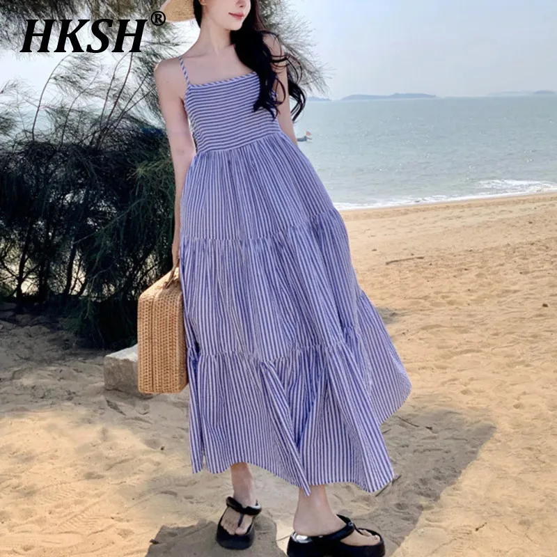 HKSH Sommer Neue frauen Flut Trendy Urlaub Stil High Street Süße Casual Mode Vielseitig Gestreiften Plissee Strap Kleid HK6367