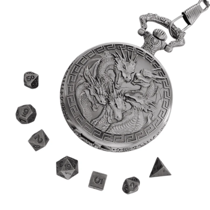 Polyhedral Dice Retro Dragon Pocket Watch Set Combined With Dice Pendant Chain For Entertainment Role-Playing Game Gifts