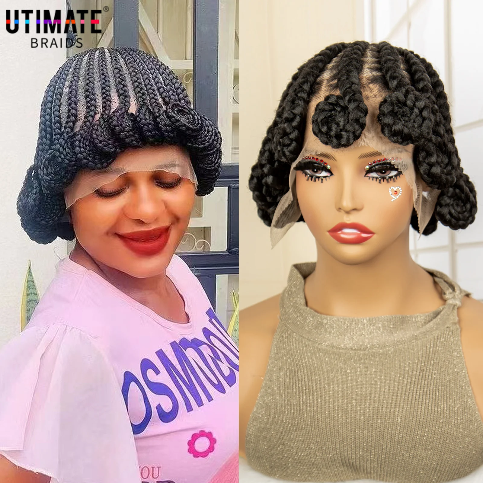 Wig sintetis Afro Bantu kepang untuk wanita hitam penuh renda buatan tangan Wig kepang Cornrow dengan rambut bayi Wig putar Brading