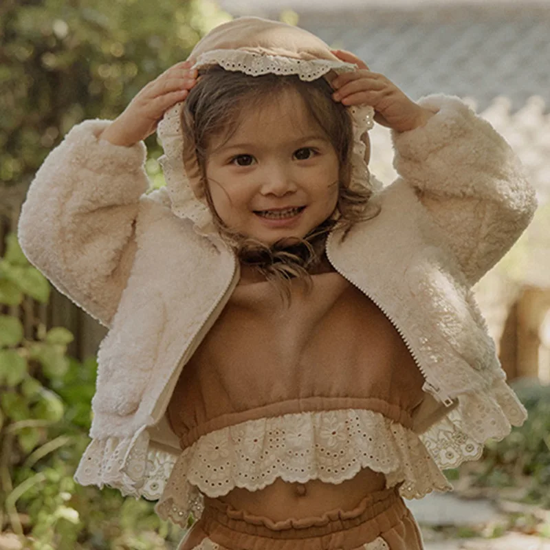 

2025 Winter New Baby Long Sleeve Lace Hooded Coat Plus Velvet Thick Infant Girls Solid Warm Plush Jacket Toddler Clothes