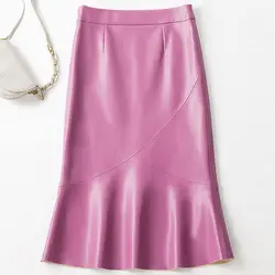 2024 New Pink black genuine leather real sheepskin high waist mermaid skirt ruffles hem faldas mujer etek jupe