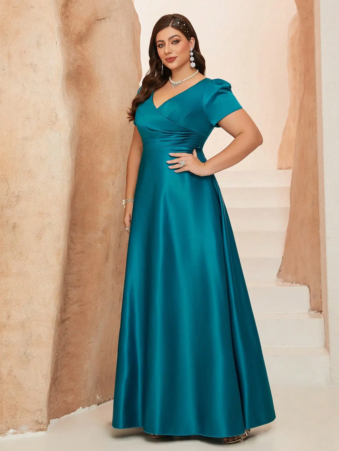 Mgiacy New Arrival V neck  Solid Color Bridesmaid Dress Ruched Puff sleeve Satin Long dress