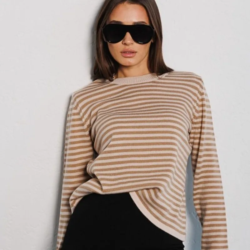 Winter Clothes Women Autumn New Fashion Striped Sweater Color Blocking Round Neck Knitted Pullover Warm Long Sleeved Top Jerseys