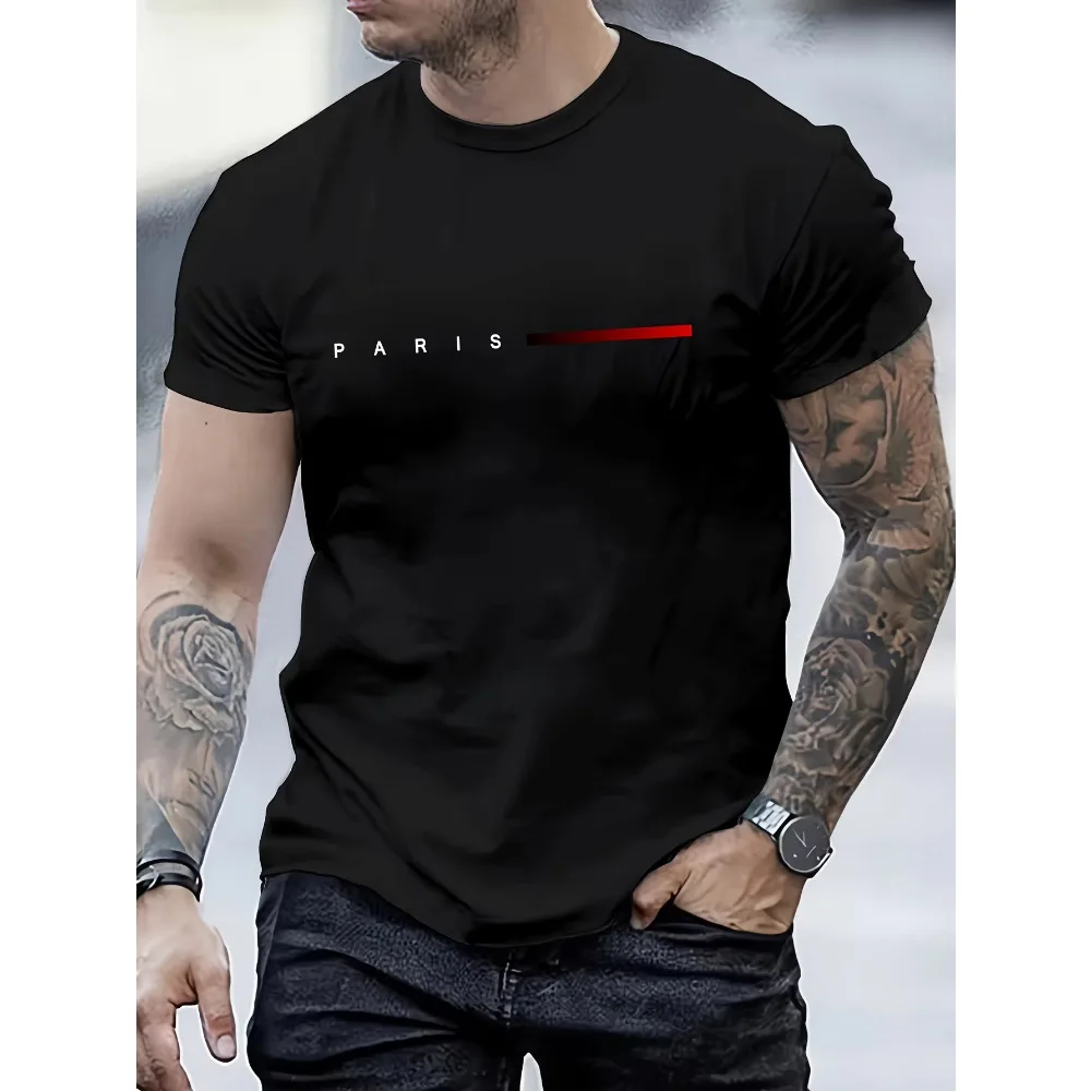 Summer Men Casual T‑Shirt PARIS Letter With Red Line Graphic Print Crew Neck Short Sleeve Daily Wear Streetwear Men Tees